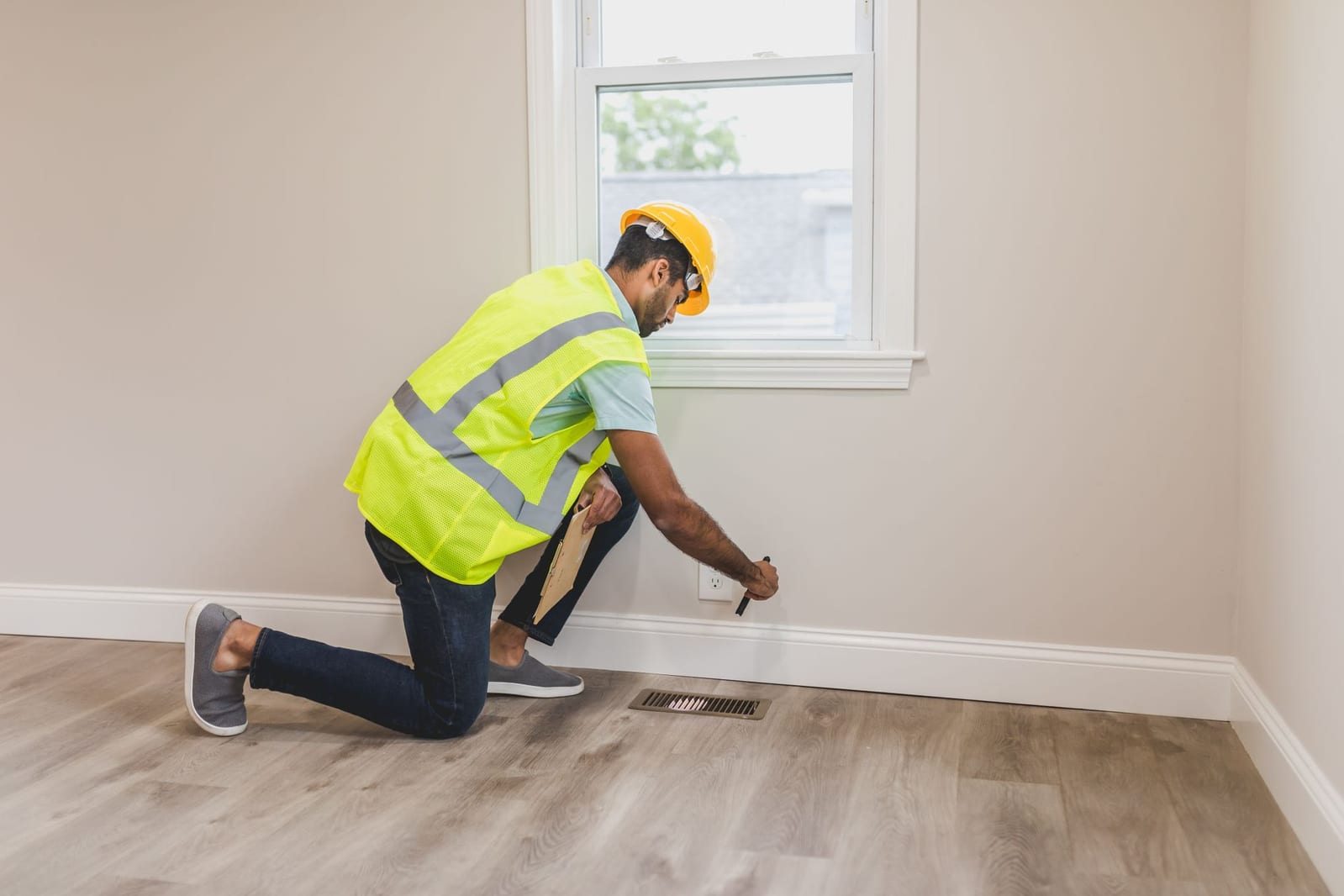 A technician inspecting a baseboard and floor vent for signs of pest activity